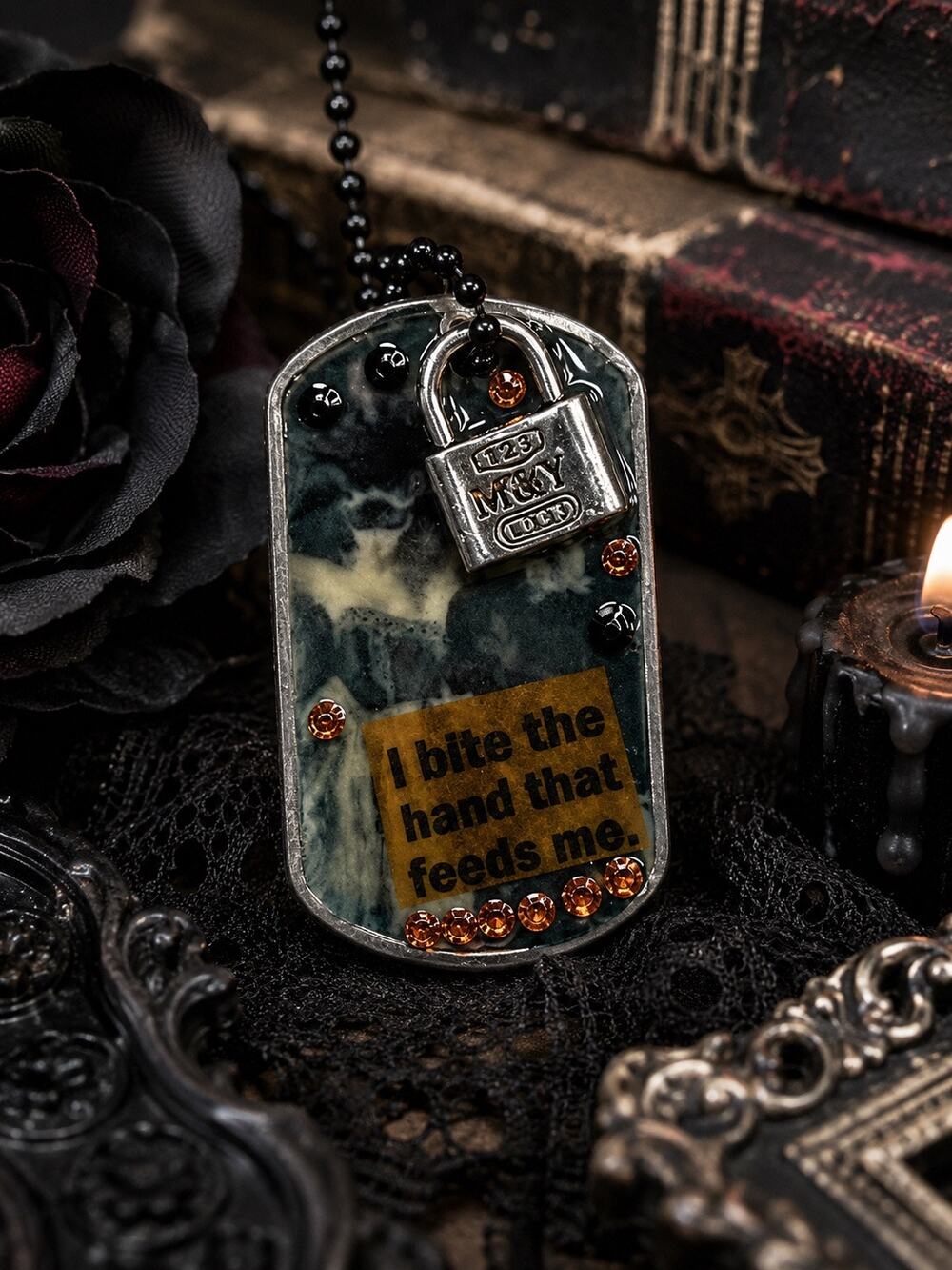Dog Tag Resin Necklace “I Bite the Hand That Feeds Me” Pinup Gothic Handmade